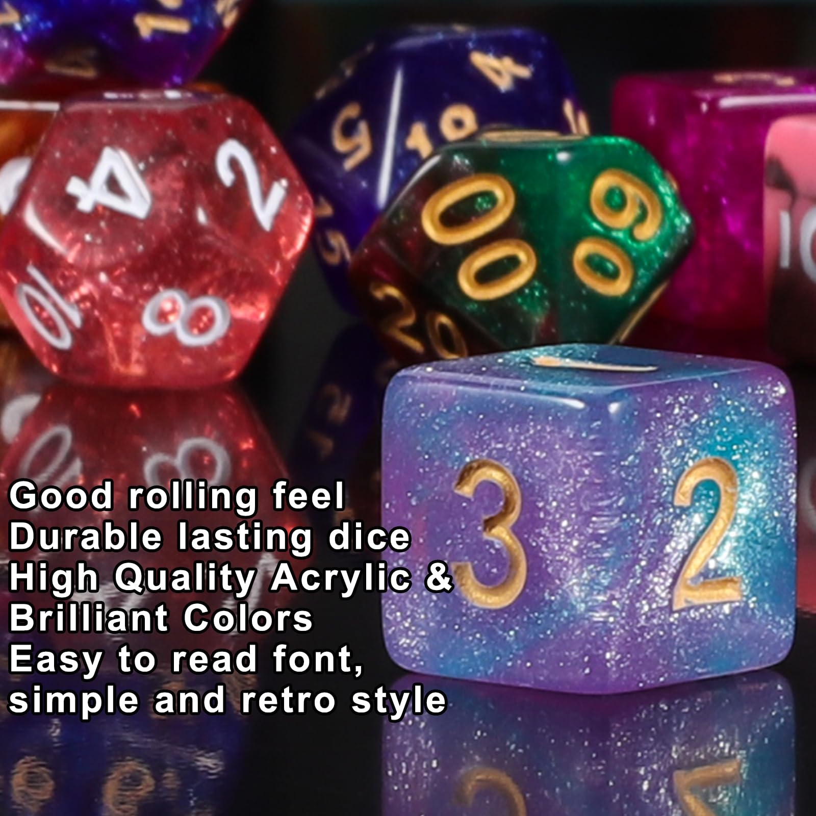 QMay seven-dice set composition includes d20, d12, d10s, d8, d6, and d4 for RPG use.