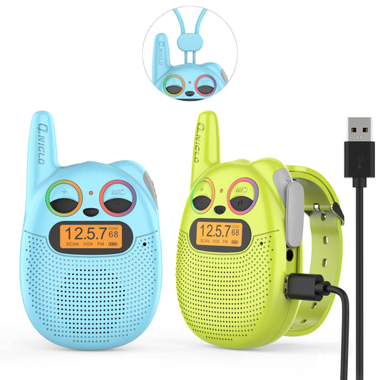 QNIGLO kids walkie talkies front view, compact design for outdoor adventures