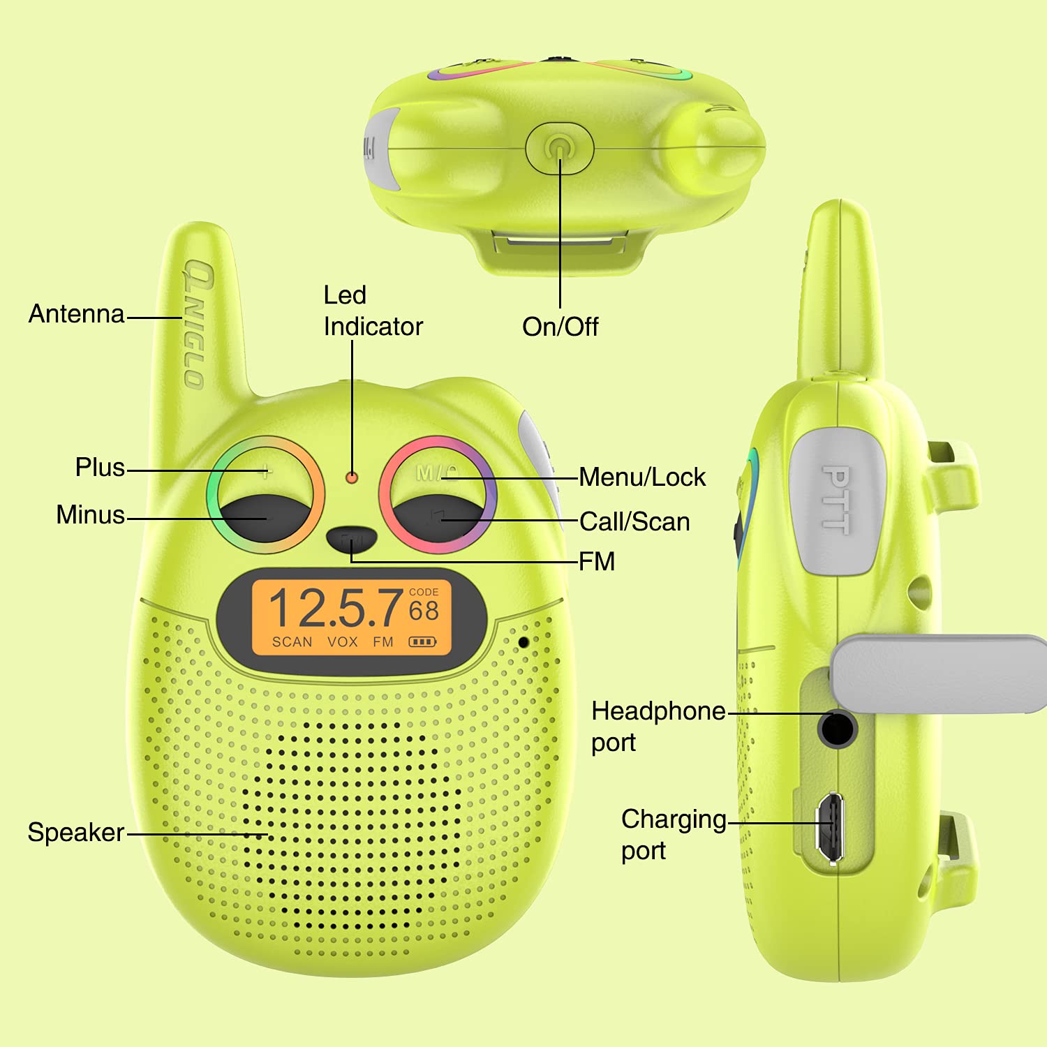 QNIGLO kids walkie talkies USB charging cable included for on‑the‑go recharging