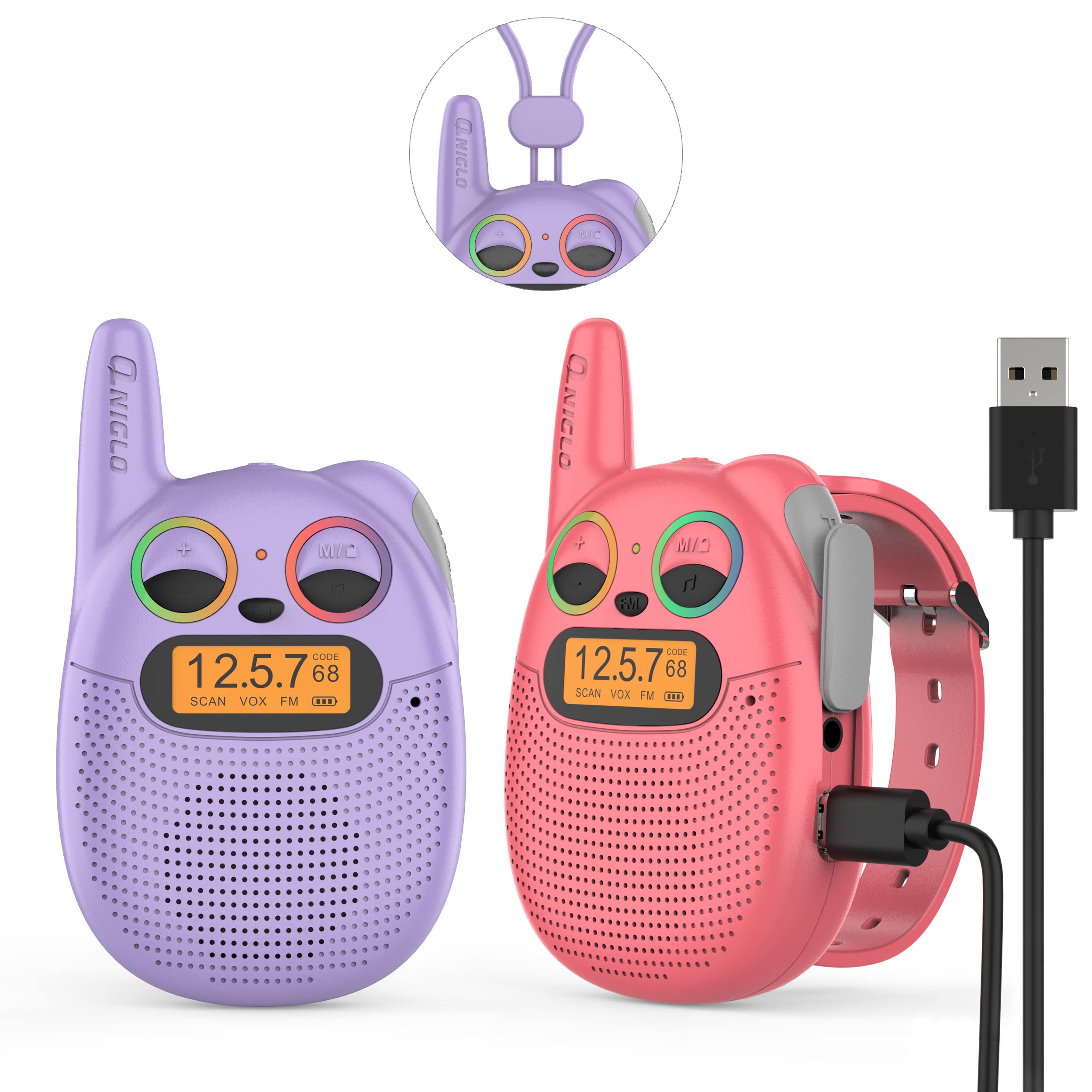 QNIGLO USB-rechargeable kids walkie talkies for extended play outdoors.