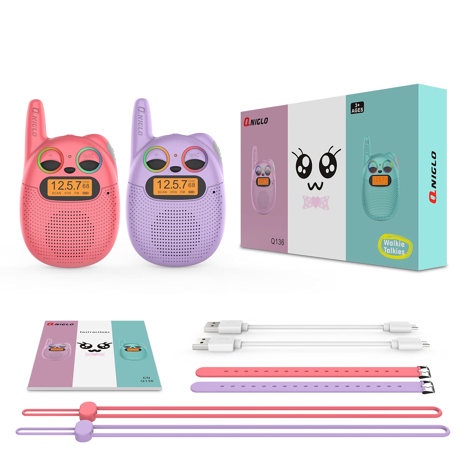 QNIGLO walkie talkies include USB cable and manual for quick setup.