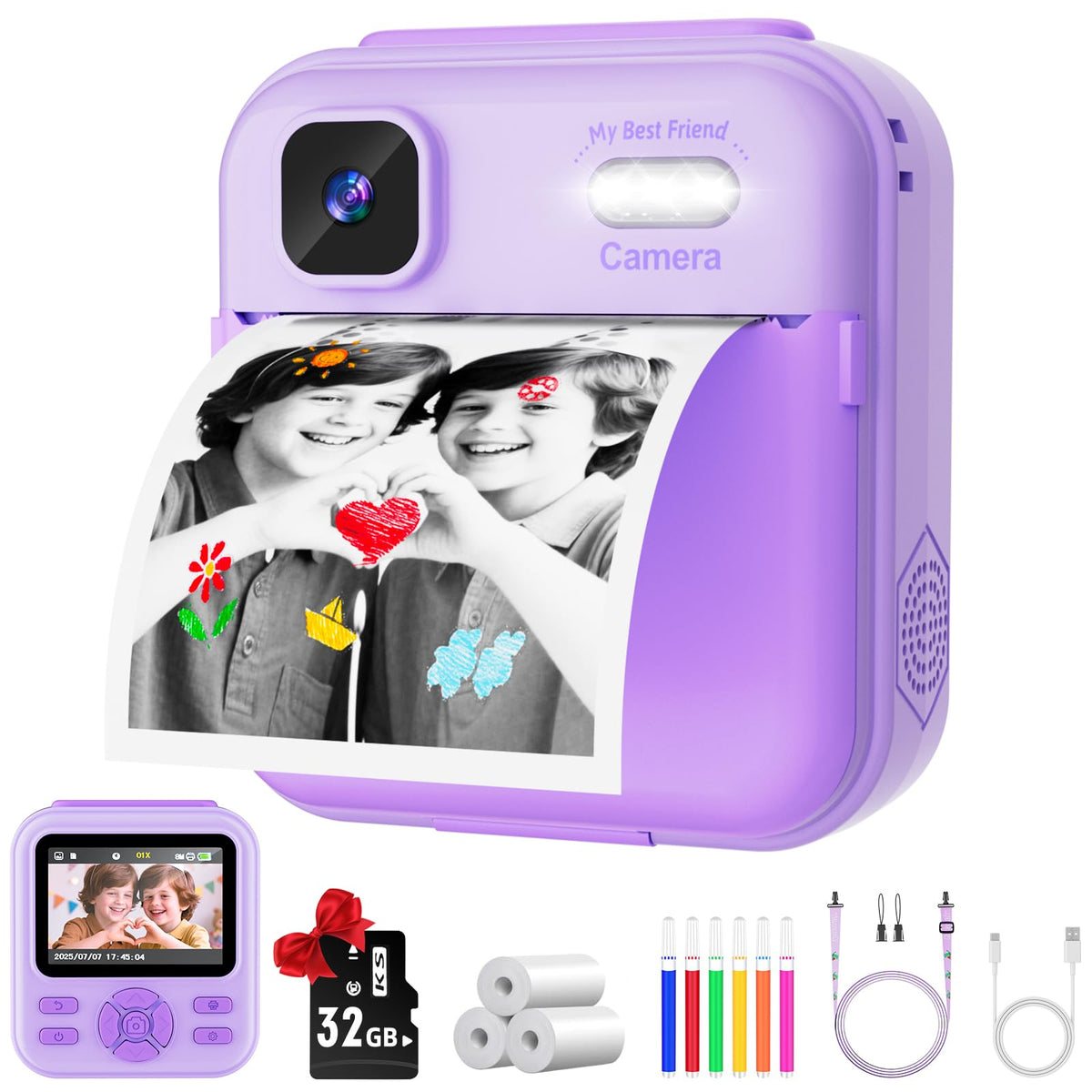 Qnxoat r Kids Camera Instant Print purple front view for quick color photos