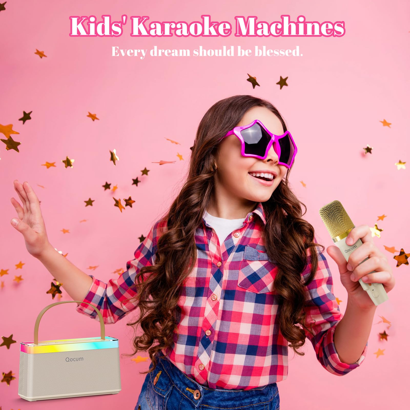 QOCUM karaoke machine for kids with two wireless mics for group singing.