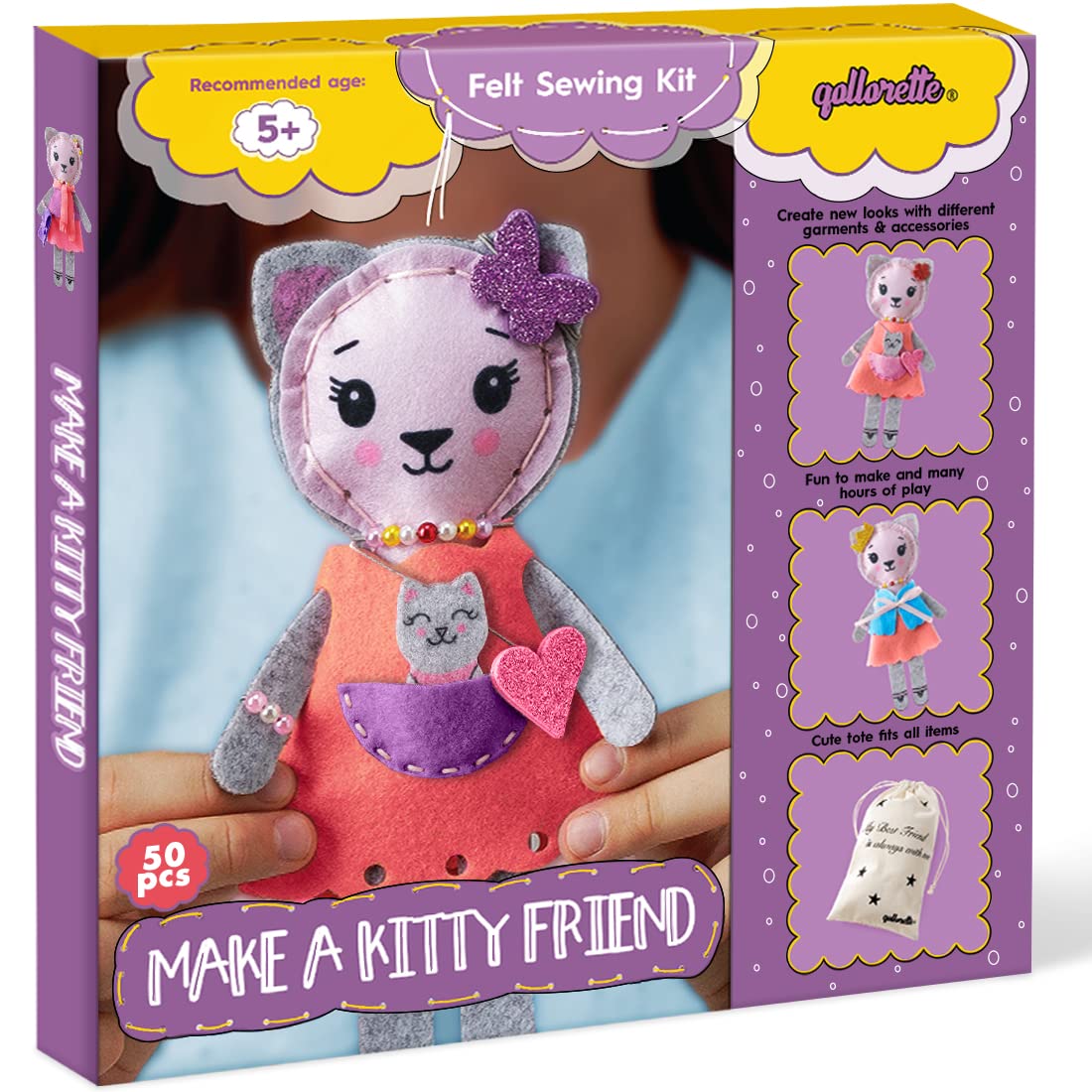 Qollorette make-your-own-cat-toy kit contents with felt and thread for kids' creativity.