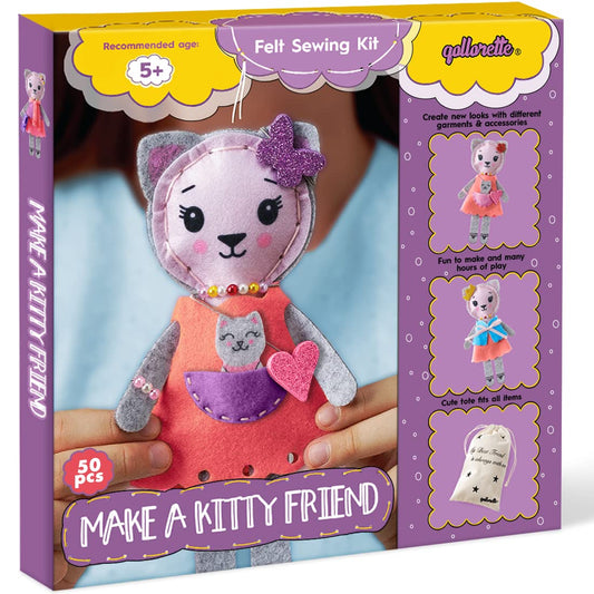 Qollorette make-your-own-cat-toy kit contents with felt and thread for kids' creativity.
