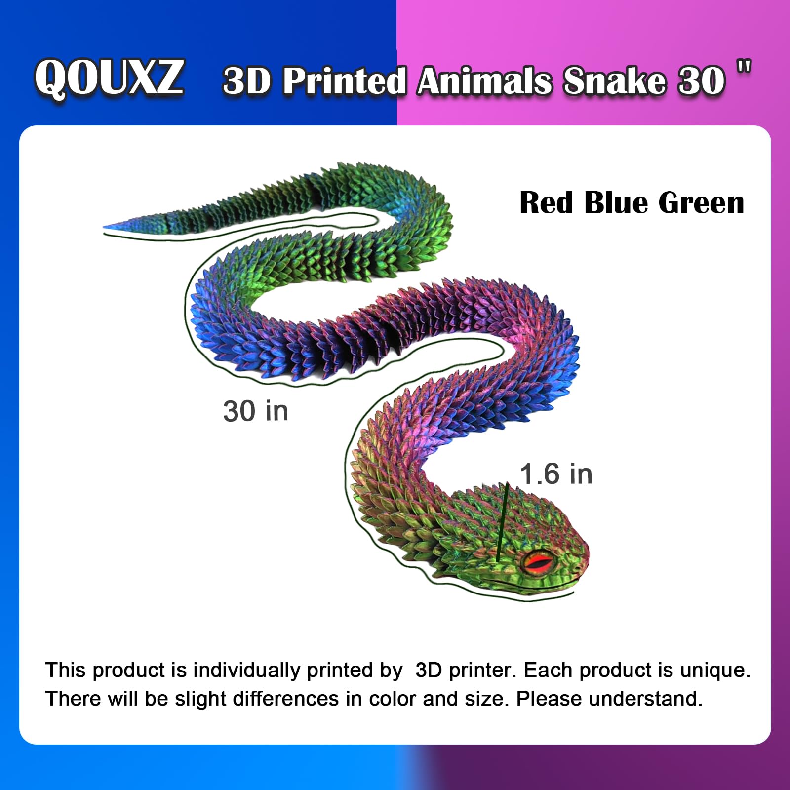 QOUXZ 3D-Printed Snake in pose 2 highlights gradient color under light for dynamic decor