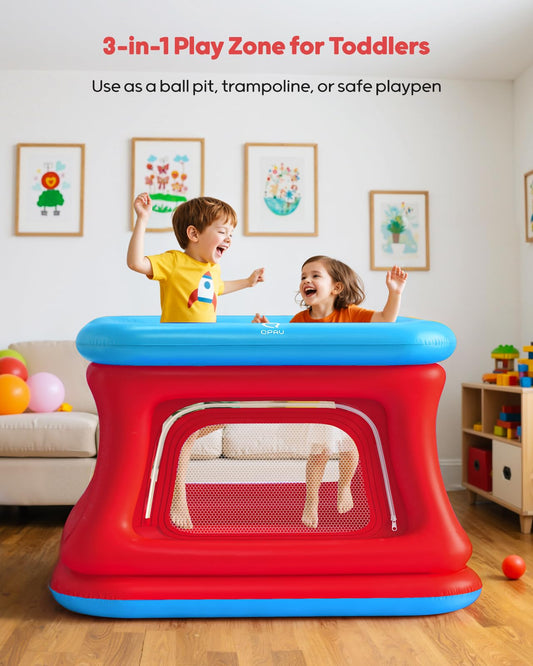 QPAU ball pit blue red — included soft balls invite sensory exploration.