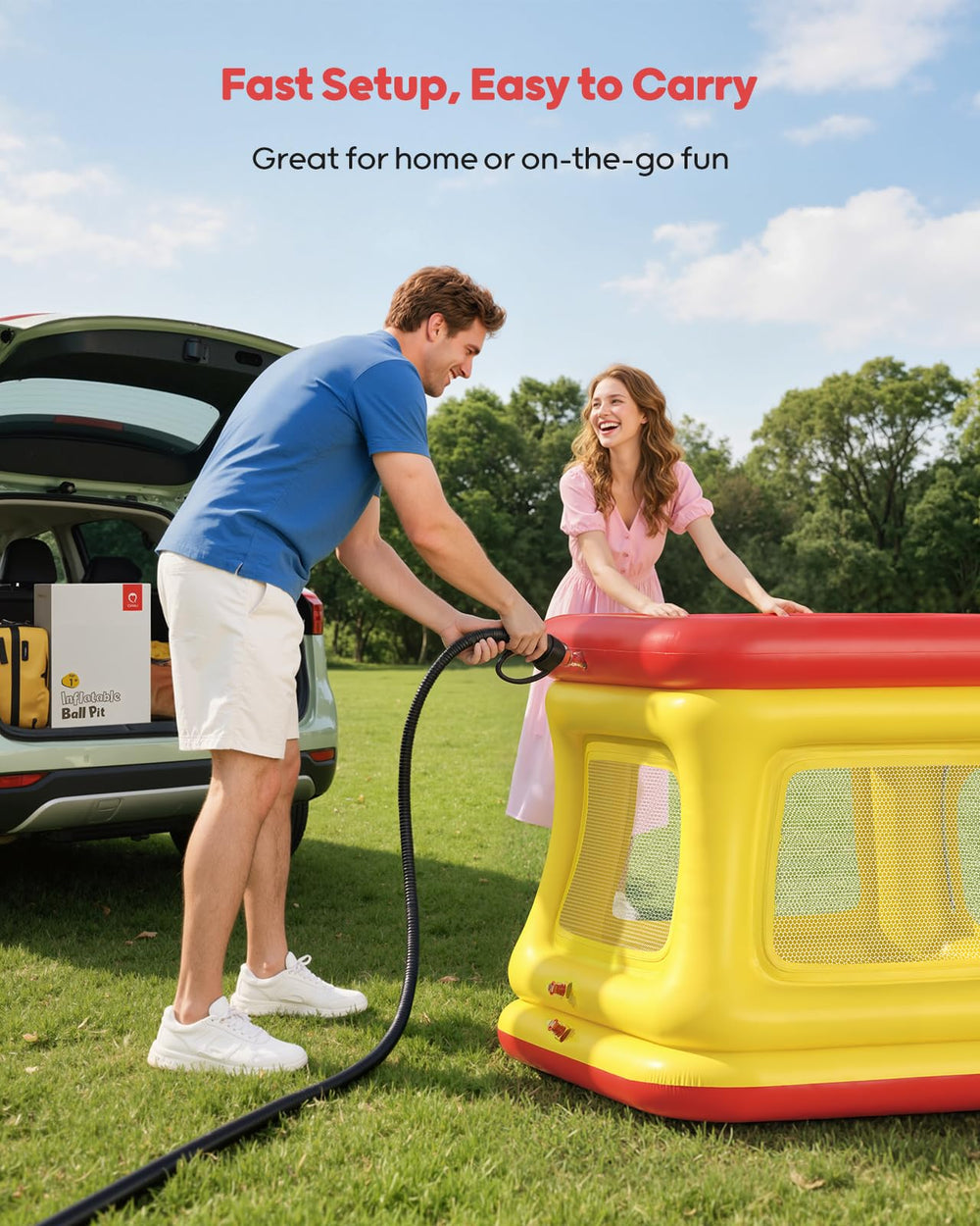 QPAU easy-setup inflates quickly with pump for versatile indoors or outdoors use.