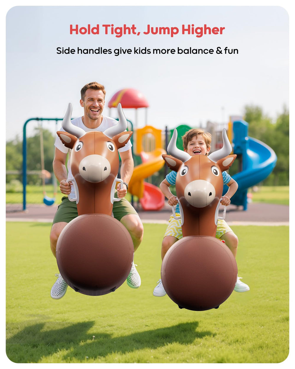 QPAU inflatable reindeer hopper back view highlights easy-grip handlebars.