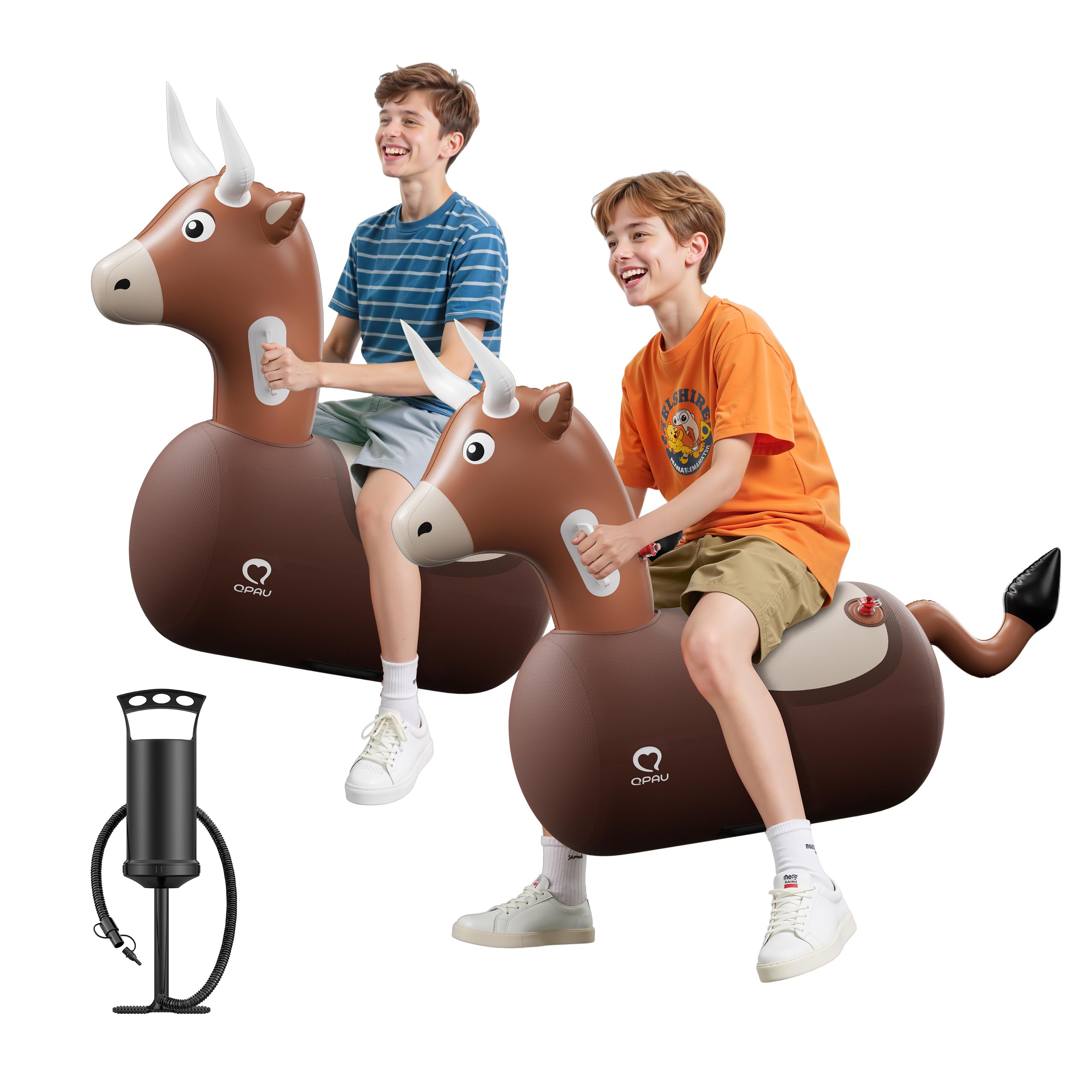 QPAU inflatable reindeer hopper front view shows sturdy fabric and festive fun.