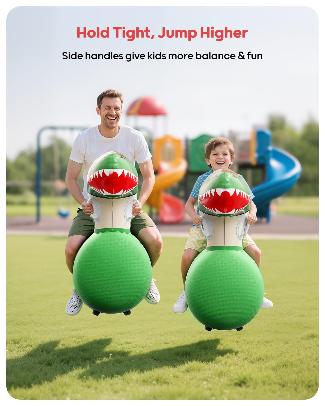 QPAU Kids Dinosaur Hopper front view highlights safe handle and wide base.