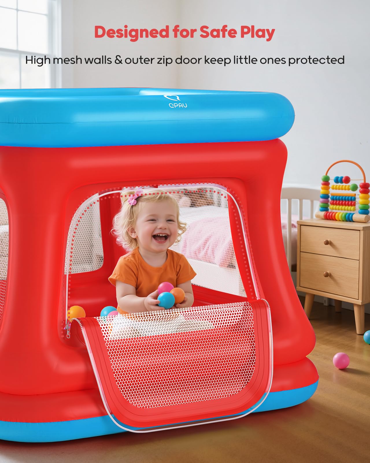 QPAU safety net and zippered door — secure, supervising-friendly play space.