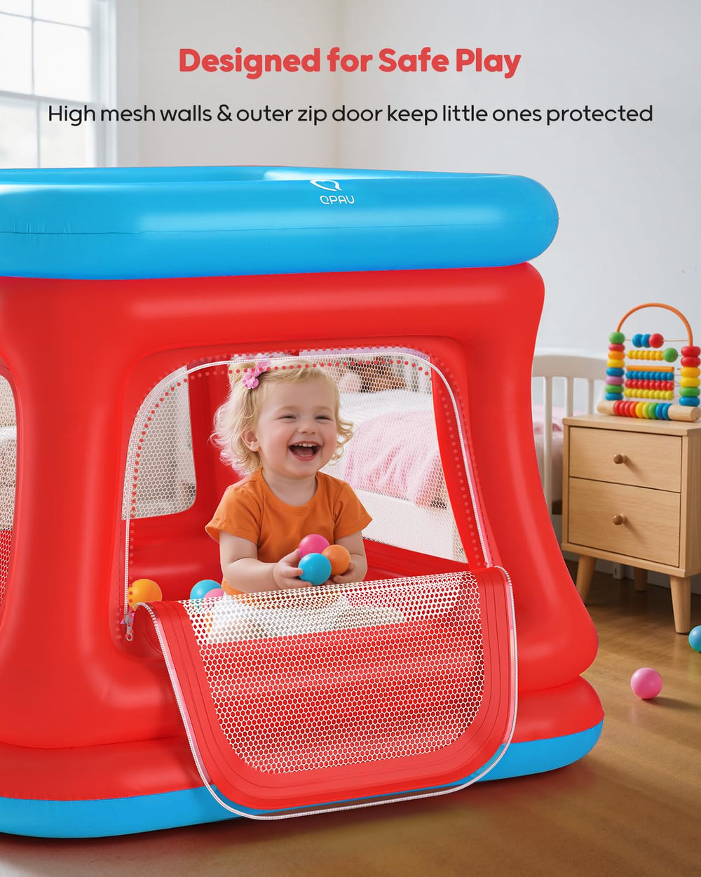 QPAU safety net and zippered door — secure, supervising-friendly play space.