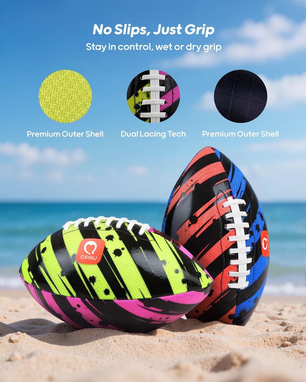 QPAU waterproof football at the beach for accurate throws.