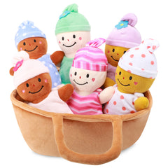 Qpewep Basket Plush Dolls set in soft fabrics for imaginative play and sensory exploration.