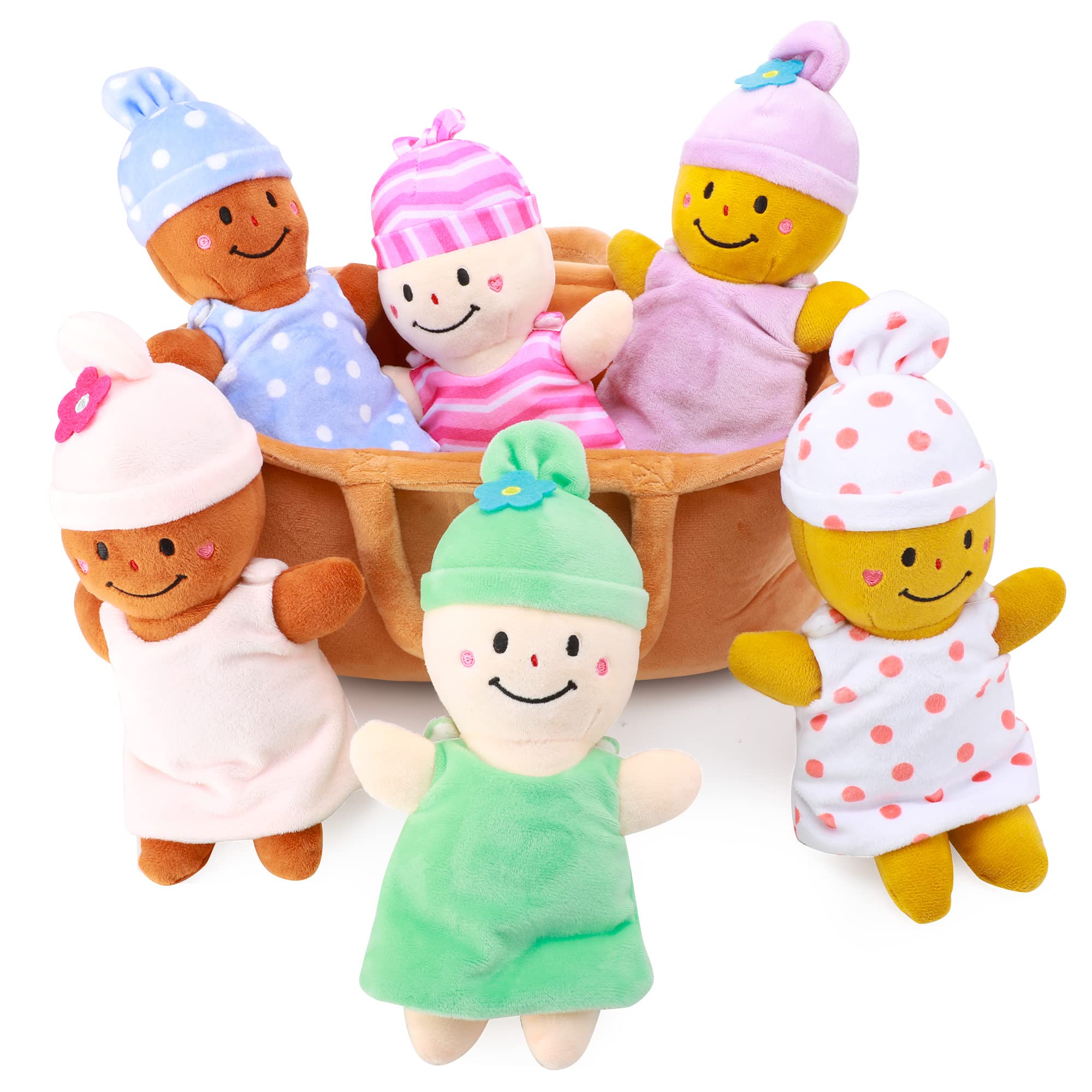 Qpewep soft basket storage keeps the plush dolls organized for easy travel.