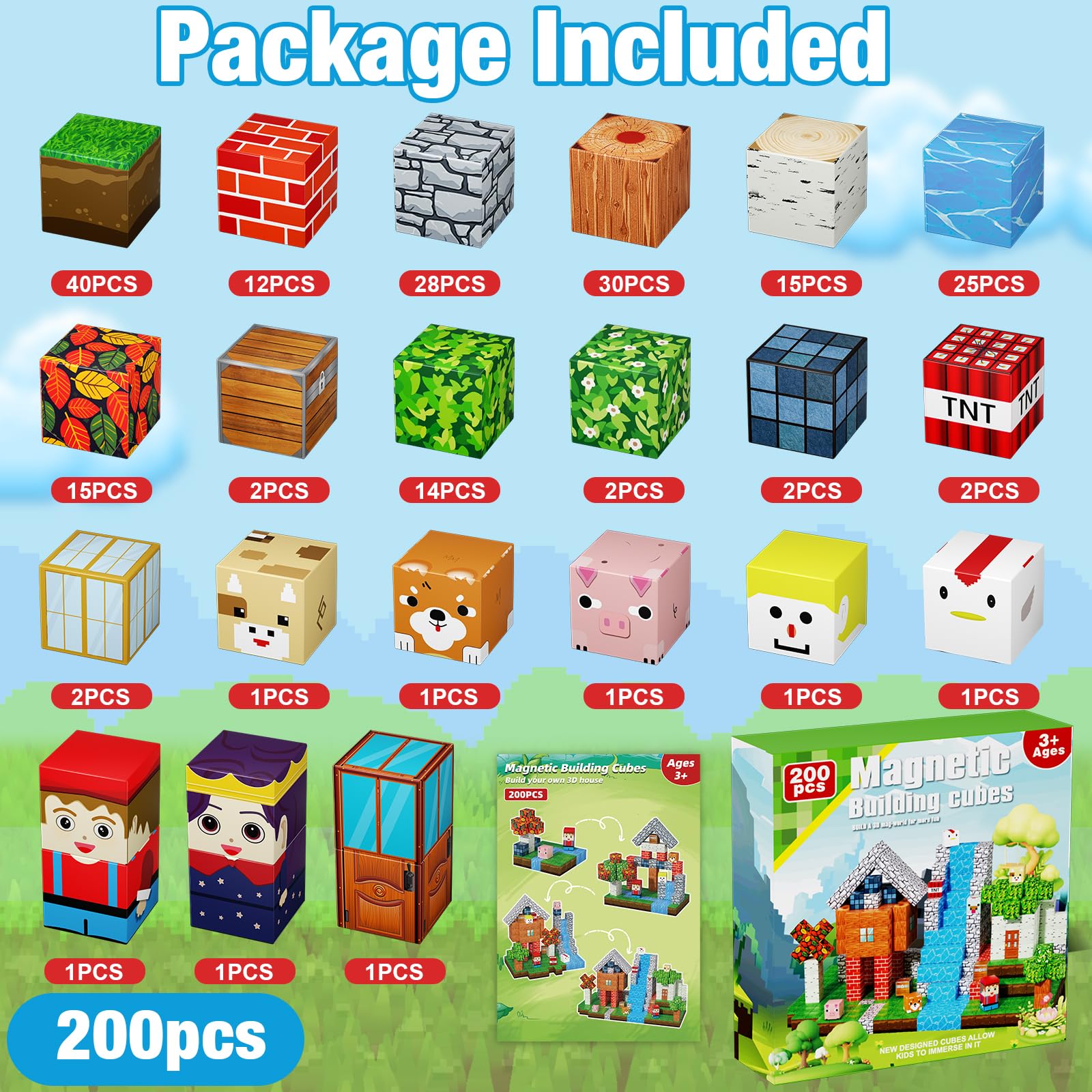 QRPQT 200pcs magnetic blocks building world encourages open-ended construction and problem solving.