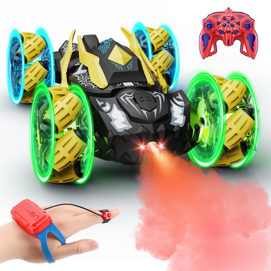 Qryselen RC car front view with 360 flip action for dynamic stunt play