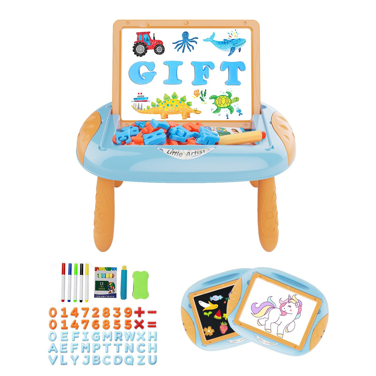 Qrytoi double-sided doodle easel with magnetic whiteboard for letters and drawing.