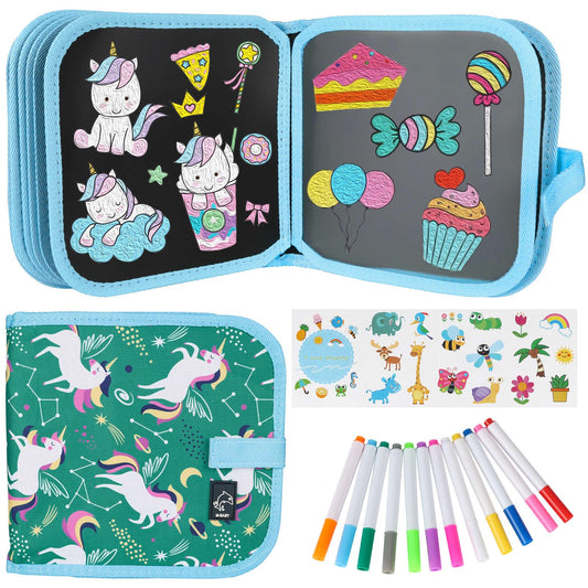 Qrytoi erasable doodle book with green unicorn cover for travel-friendly play