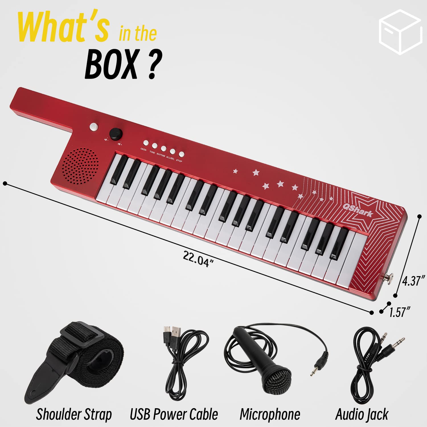 QShark keytar with microphone shown during a lively karaoke session