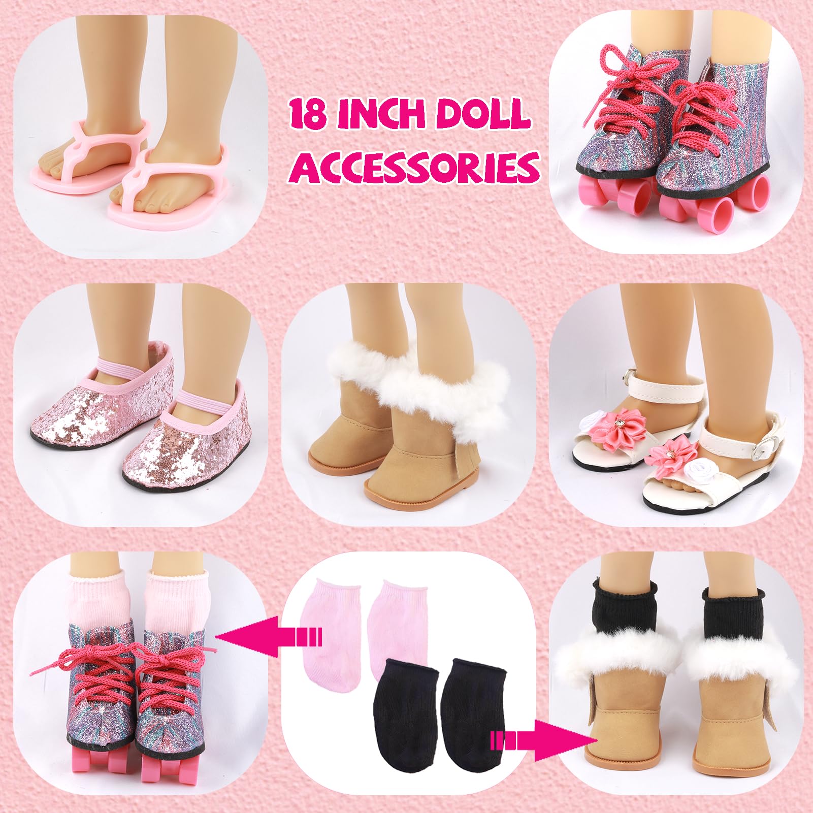 QSKJJI 18-inch doll shoes roller skates, wheels add realistic movement.