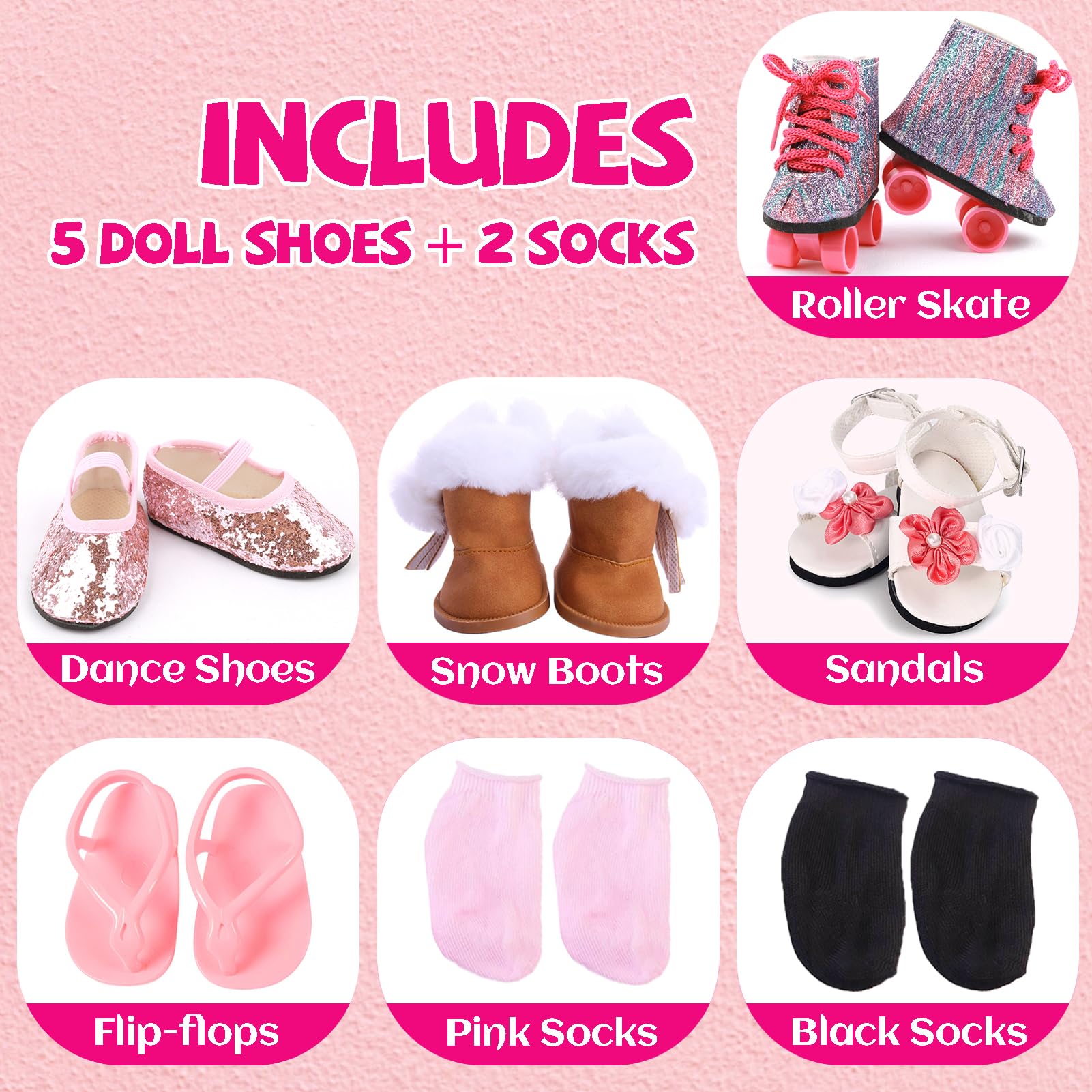 QSKJJI 18-inch doll socks black, versatile addition to doll wardrobes.