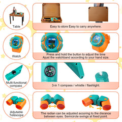Qtioucp binoculars invite young explorers to observe the outdoors during pretend trips.