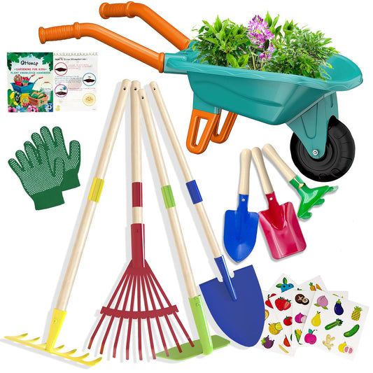 Qtioucp kids gardening wheelbarrow ready for outdoor play and seed transport.