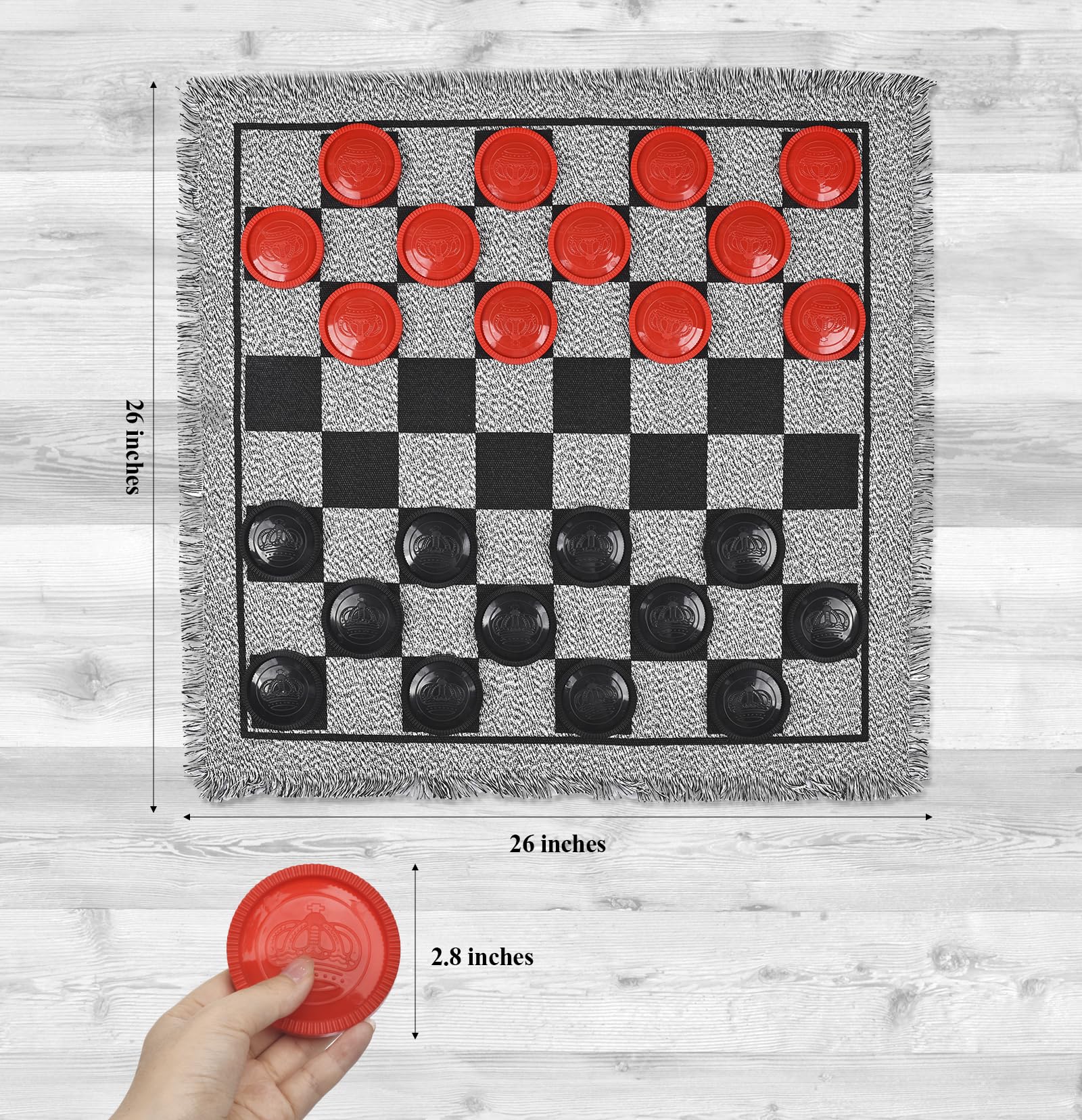 QuadPro giant checkers board mat provides a sturdy surface for outdoor play.