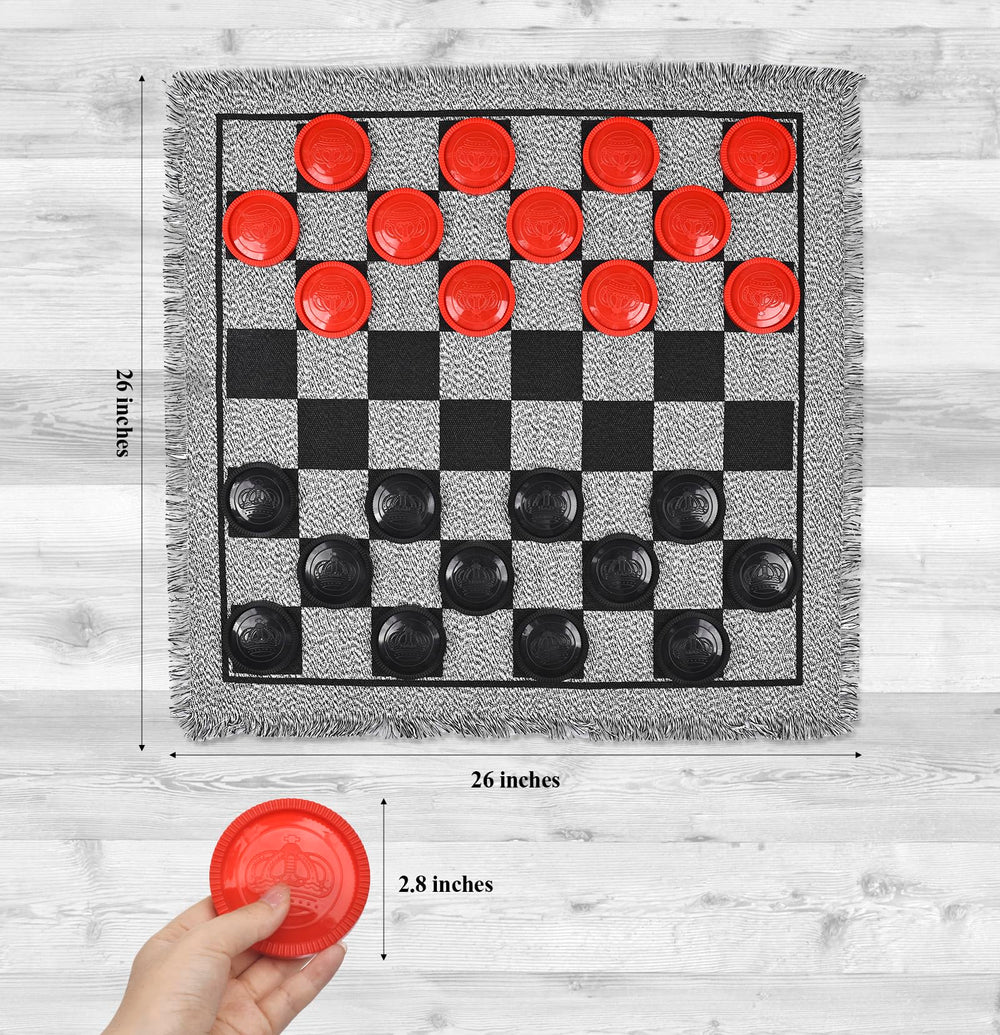 QuadPro giant checkers board mat provides a sturdy surface for outdoor play.
