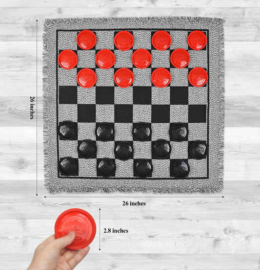 QuadPro giant checkers board mat provides a sturdy surface for outdoor play.