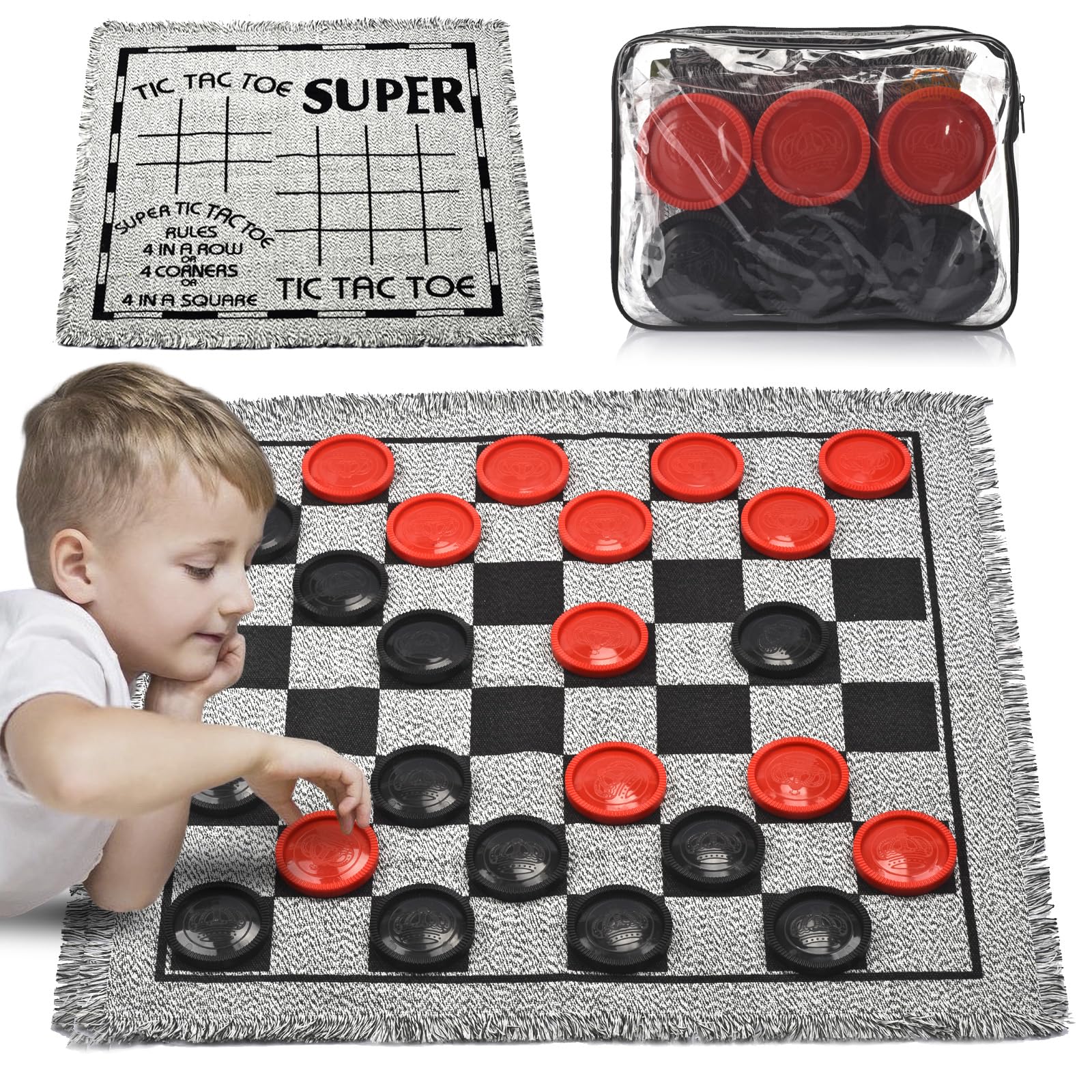 QuadPro giant checkers pieces in red and black ready for big family games.