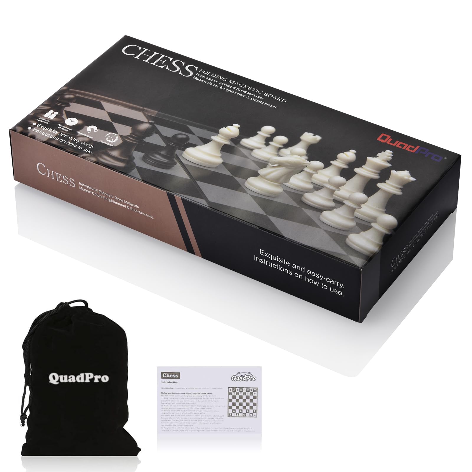 QuadPro portable chess set with extra pocket for piece storage