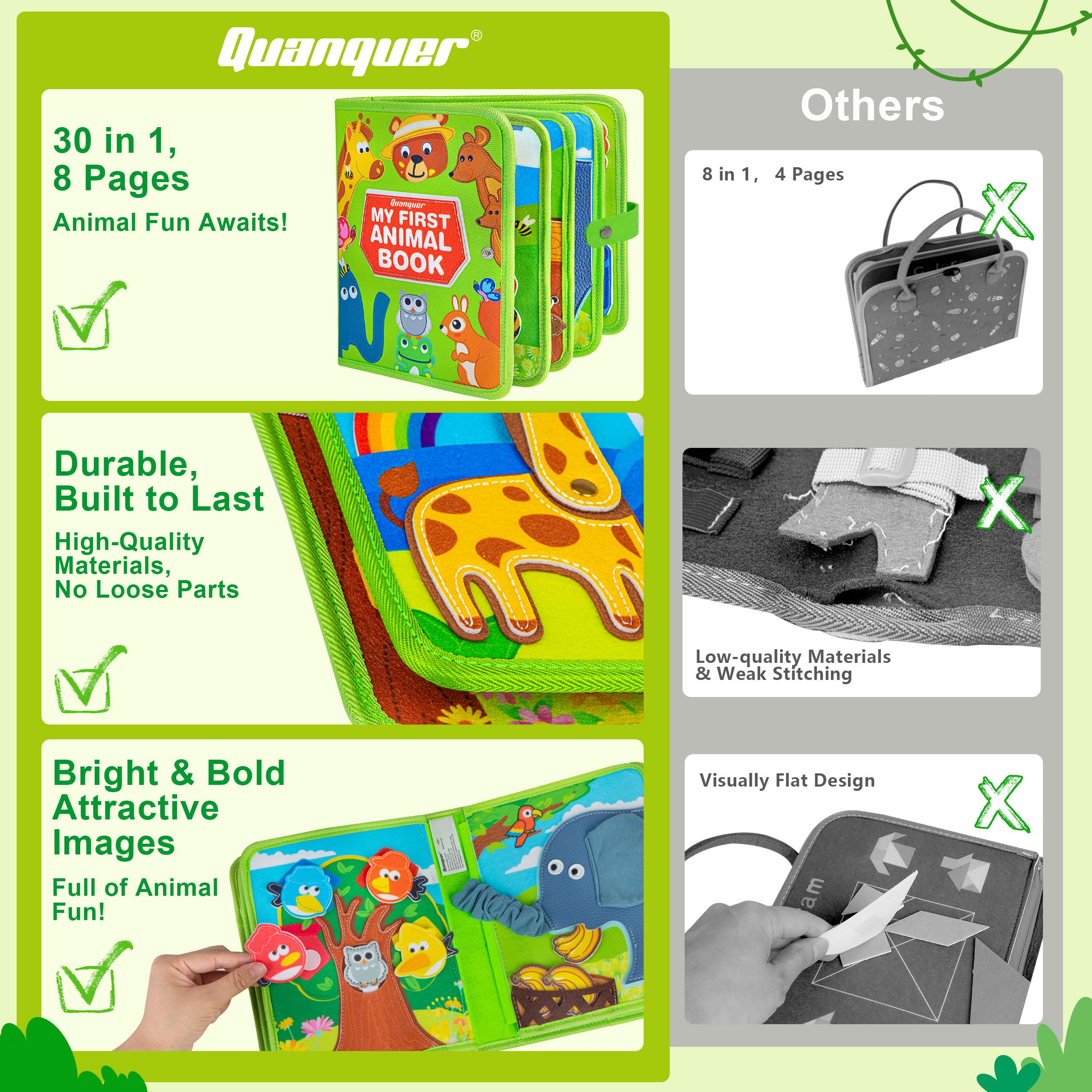 Quanquer Animal Busy Book buttoning and snapping activities for self-help play