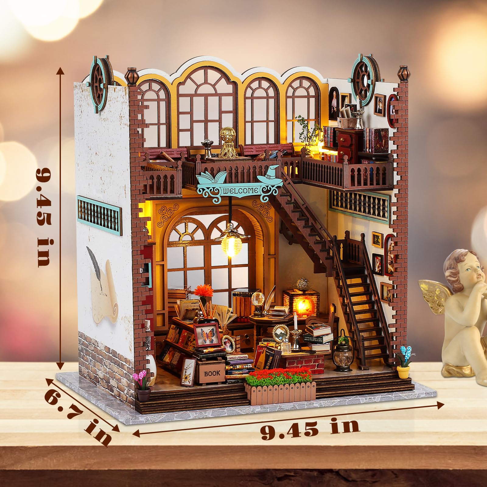 Quanquer magic book store dollhouse scene creates a warm reading corner.