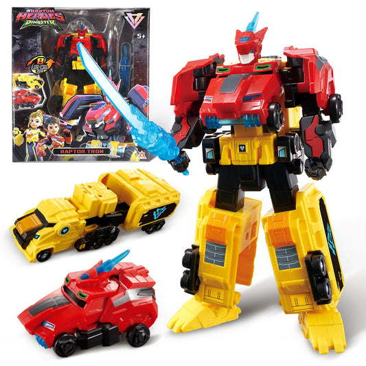 Quantum Heroes Dinoster Raptor Tron transforming to robot mode for action play.