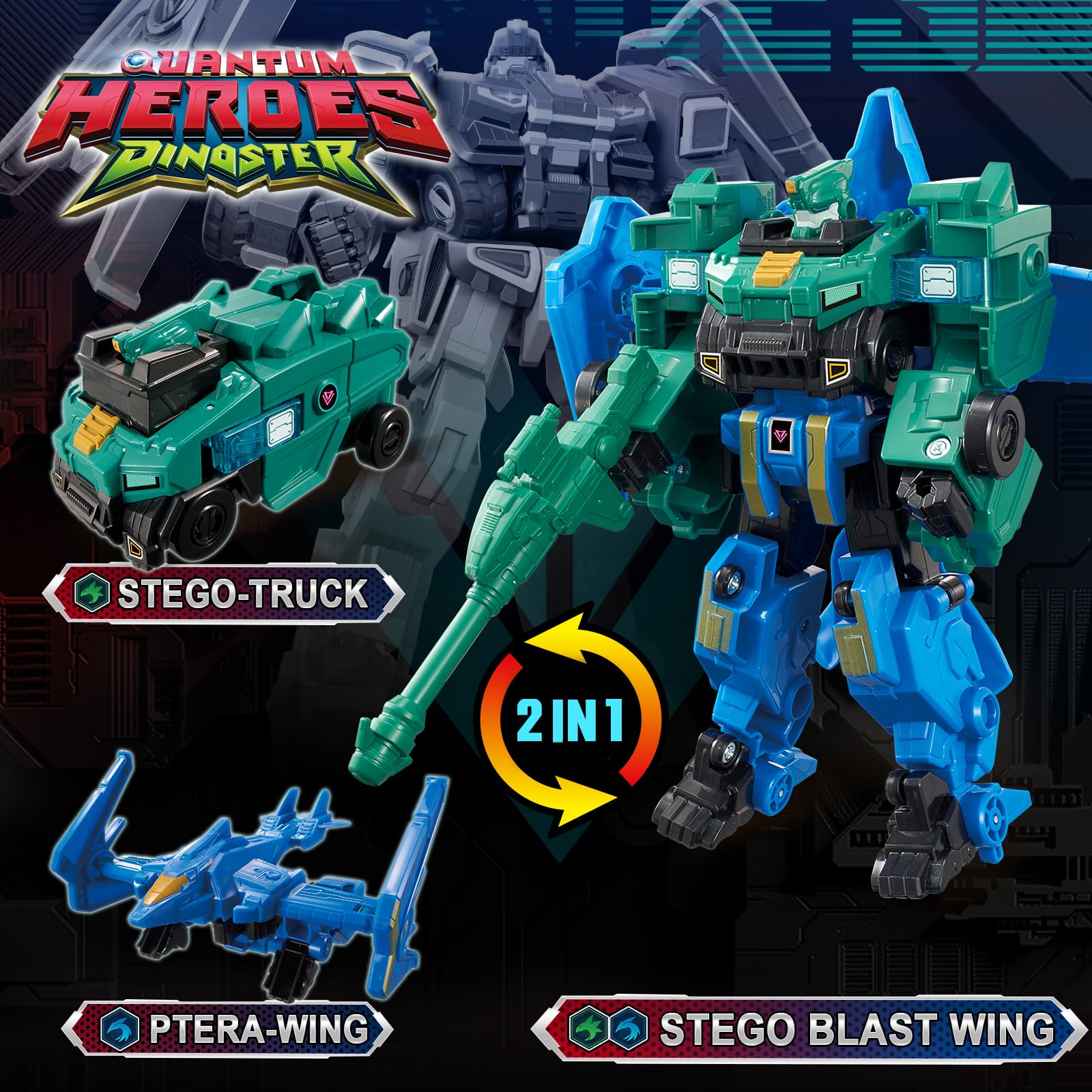 Quantum Heroes Dinoster Stego Blast Wing tank mode encourages durable, hands-on vehicle play