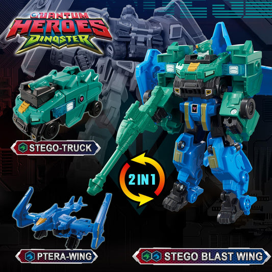 Quantum Heroes Dinoster Stego Blast Wing tank mode encourages durable, hands-on vehicle play