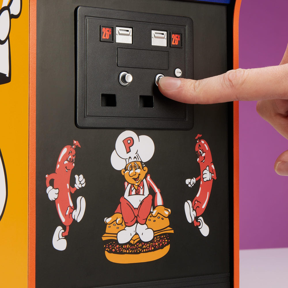 Quarter Arcades Burger Time coin door adds authentic tactile charm for collectors.