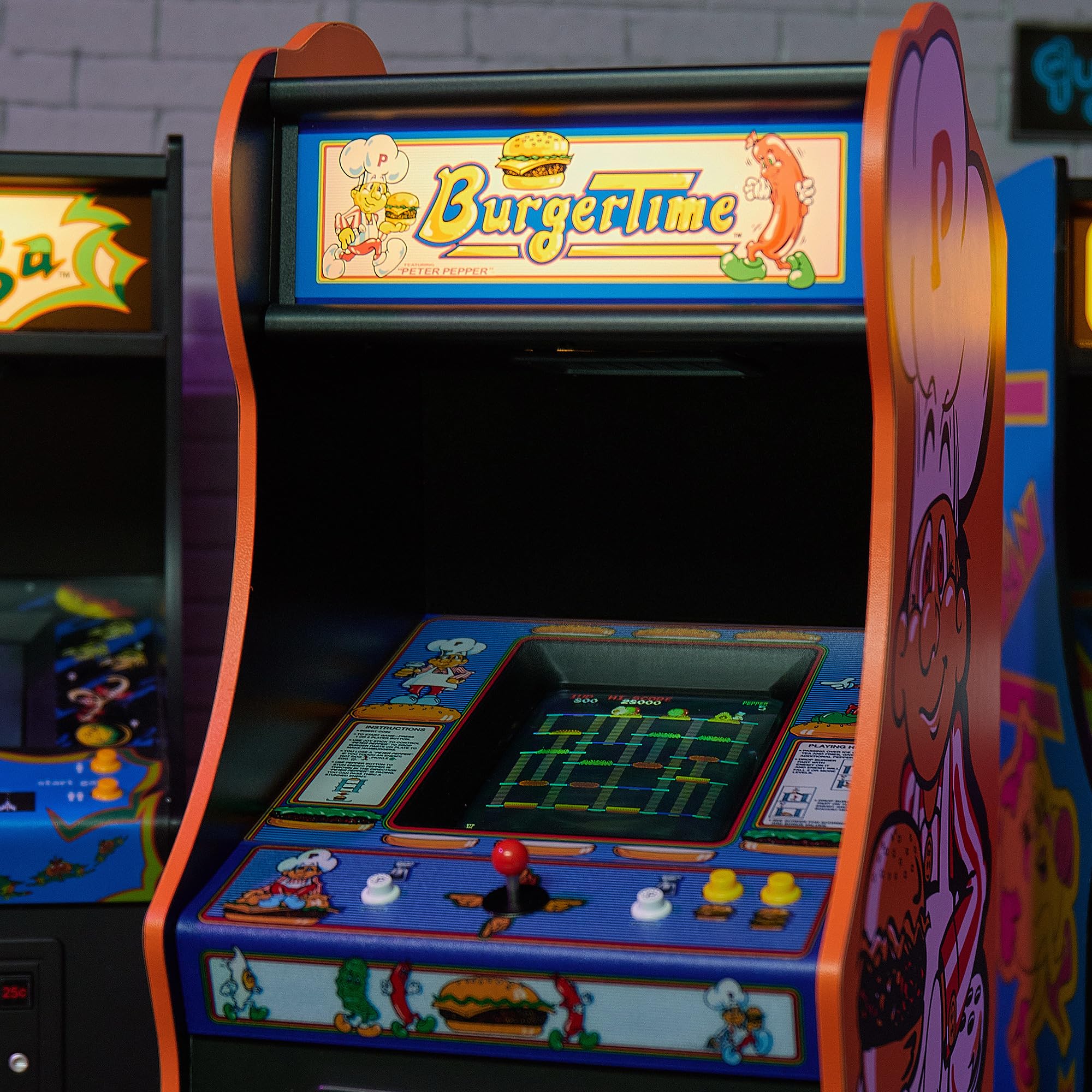 Quarter Arcades Burger Time side artwork highlighting retro branding and collector appeal.