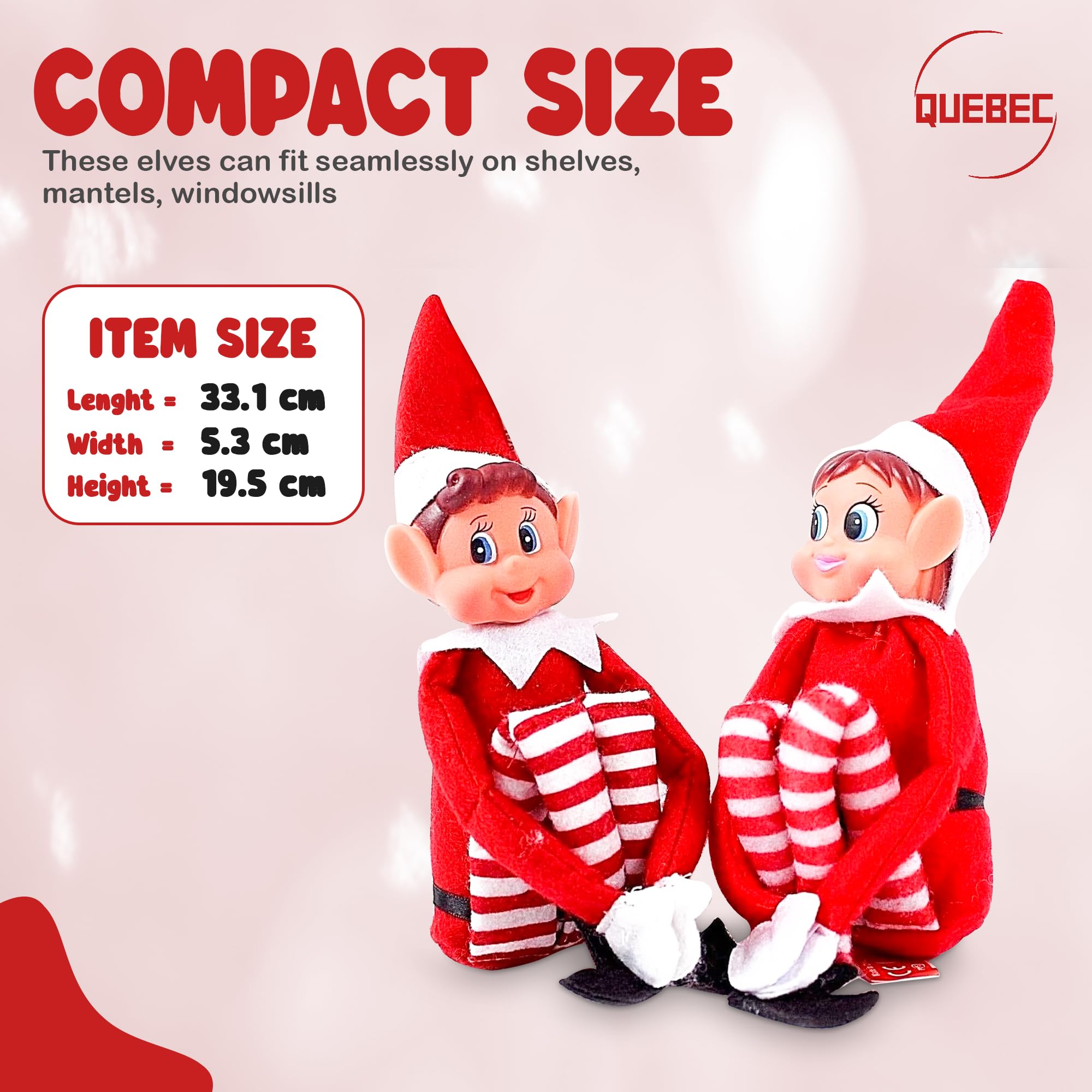 Quebec Naughty Elf Set 12-inch size fits shelves, bedsides, and storytelling corners.