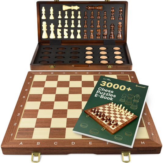Queensell 2-in-1 magnetic chess set on a 15-inch board for portable family play