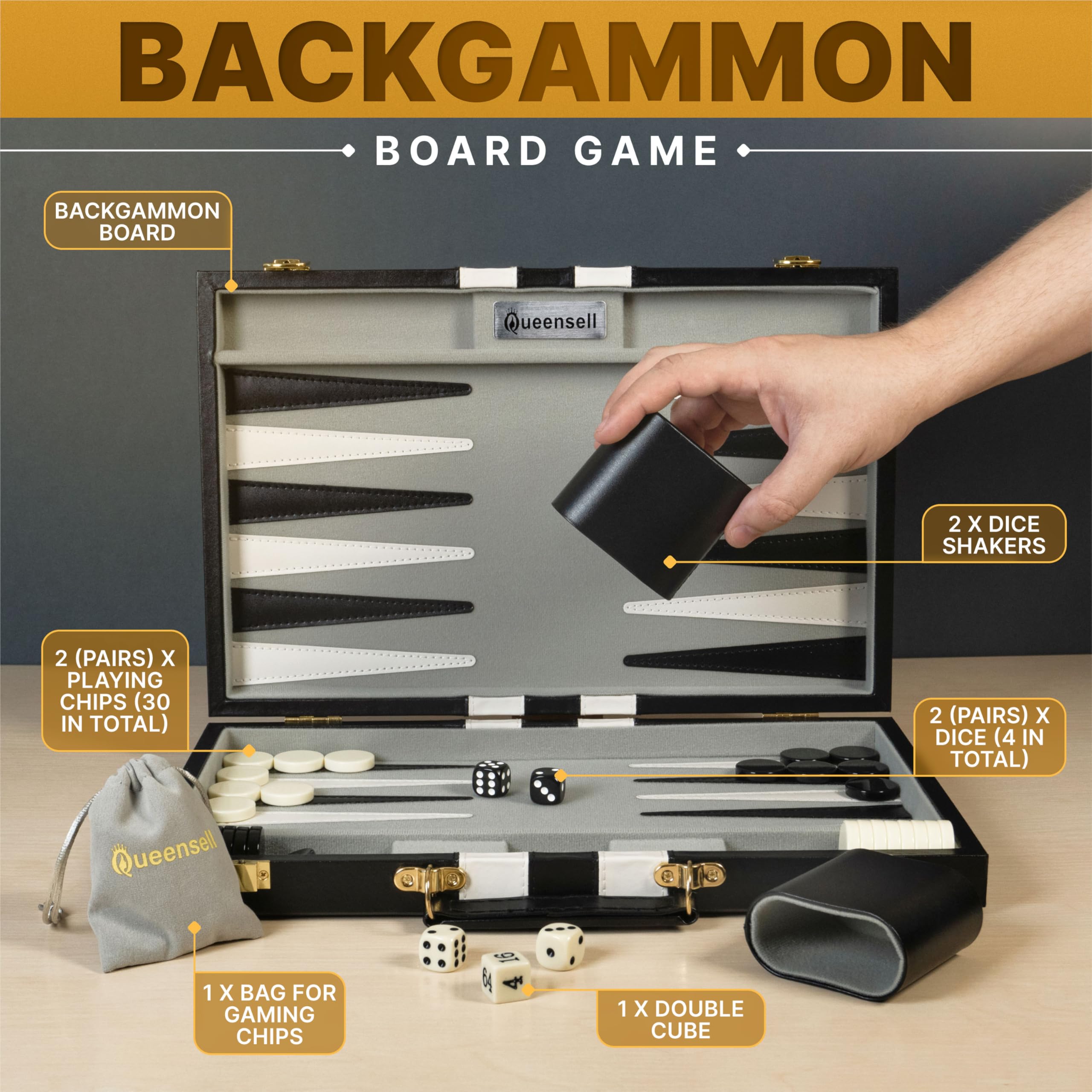 Queensell backgammon 32 pieces for classic two-player matches.