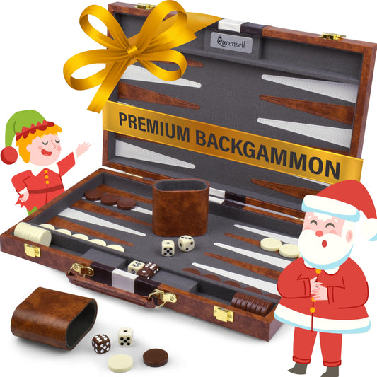 Queensell large backgammon board closed in leatherette case for travel