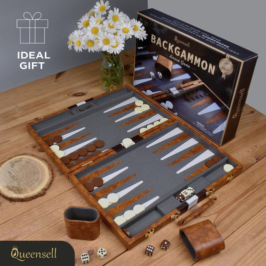 Queensell backgammon board open showing deluxe felt area and leatherette pips