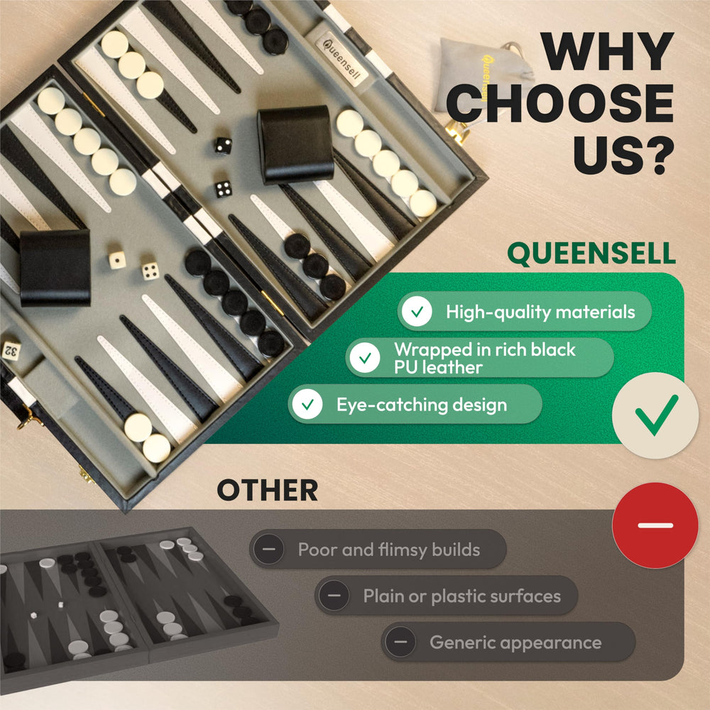 Queensell backgammon folding case showcases premium PU leather finish.