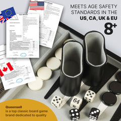 Queensell backgammon instruction booklet helps learn rules and optimize setups.