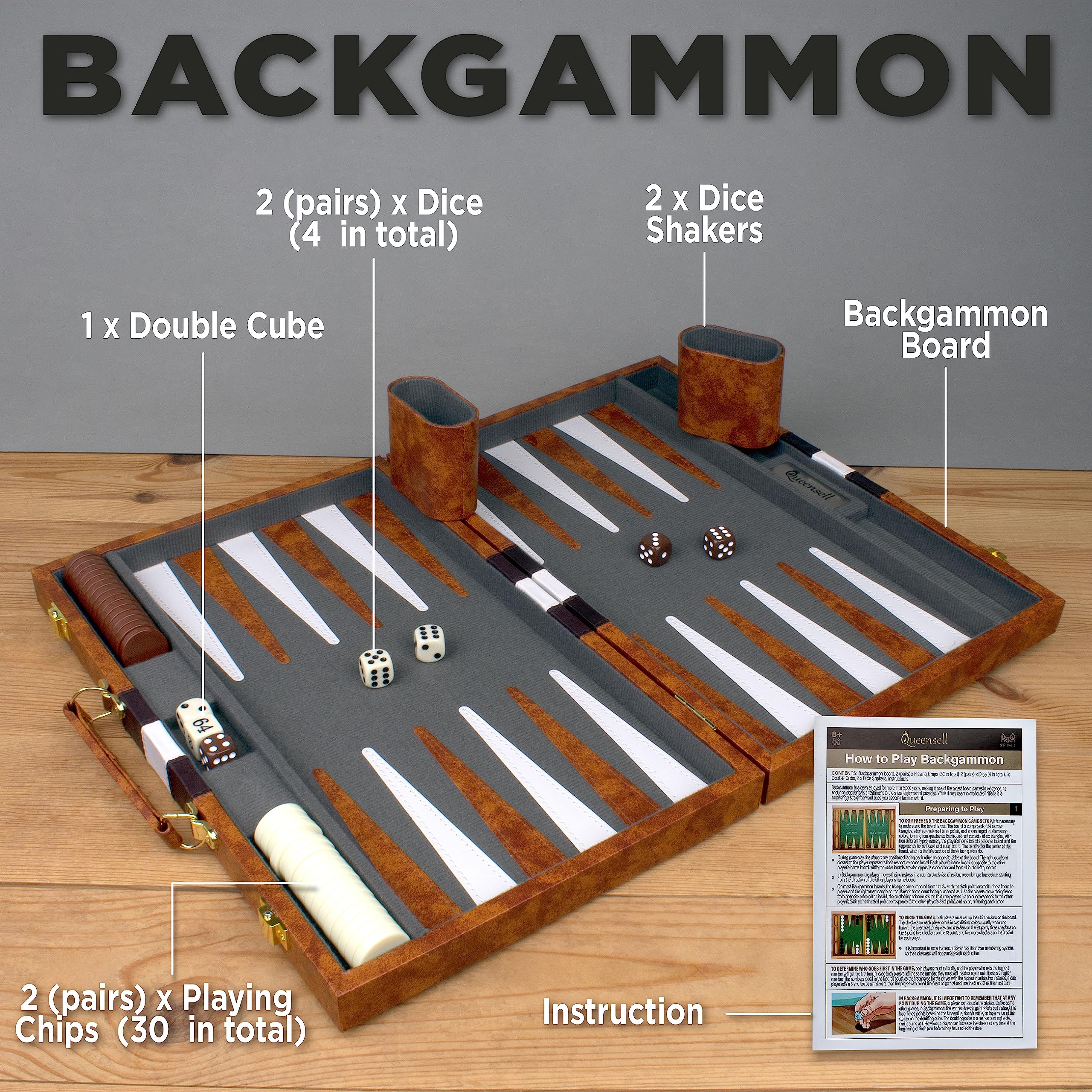 Queensell backgammon pieces set with 32-count for complete gameplay