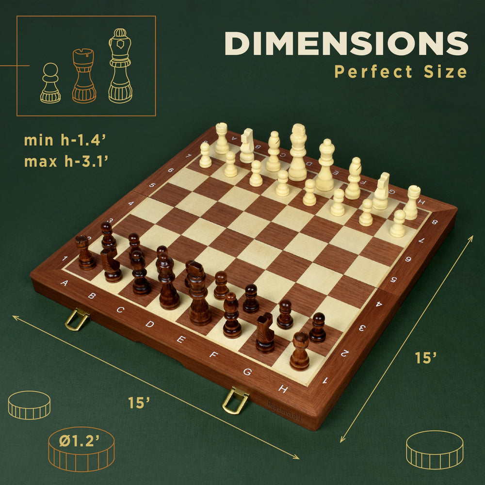 Queensell chess pieces sized 1.4 to 3.1 inches for versatile setups